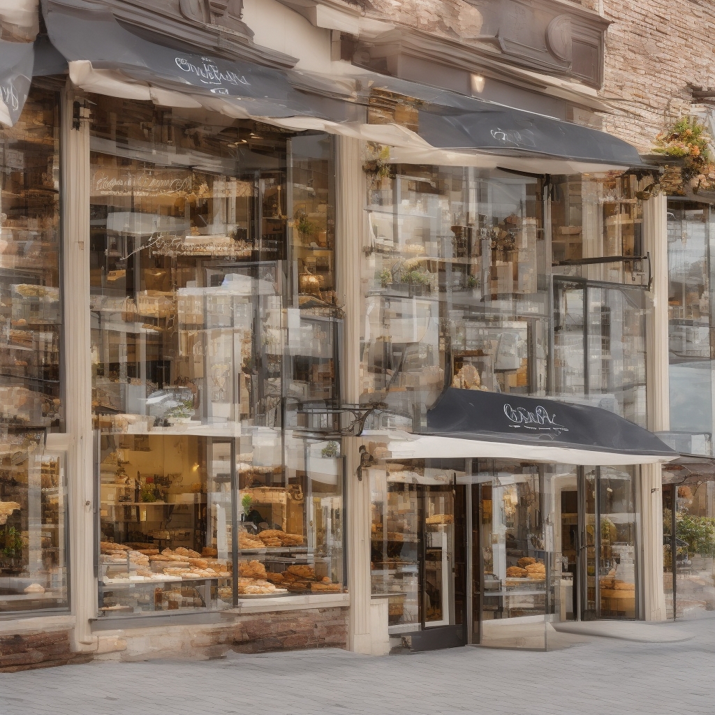 Inviting bakery storefront exterior with large windows displaying fresh pastries and warm lighting