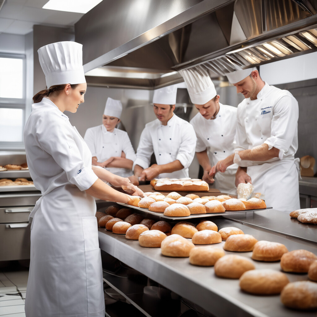 Professional restaurant team in bakery setting preparing fresh baked goods in clean kitchen environment