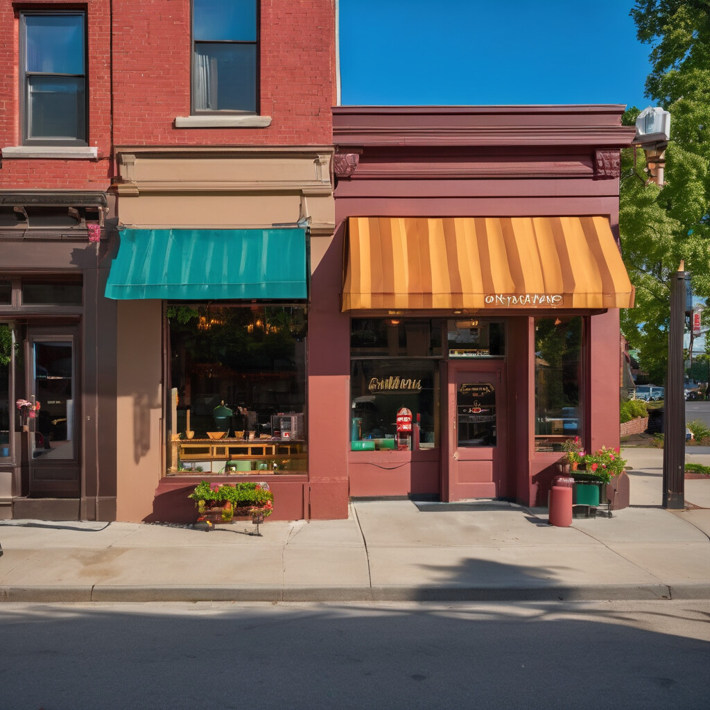 Restaurant location street view with storefront and pedestrian walkway in neighborhood setting, full-color daytime photo