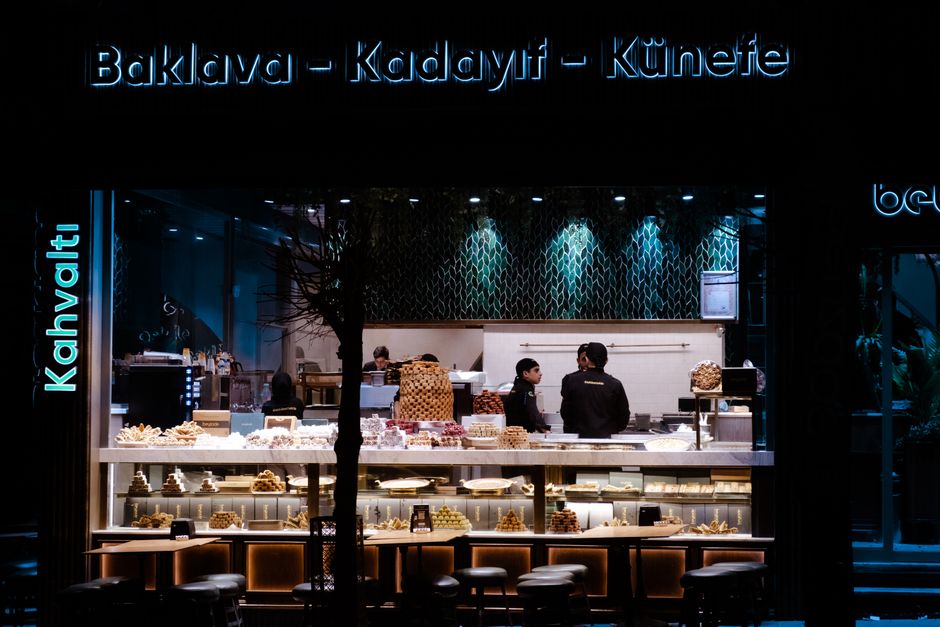 Bakery storefront or shop interior with pastries on display