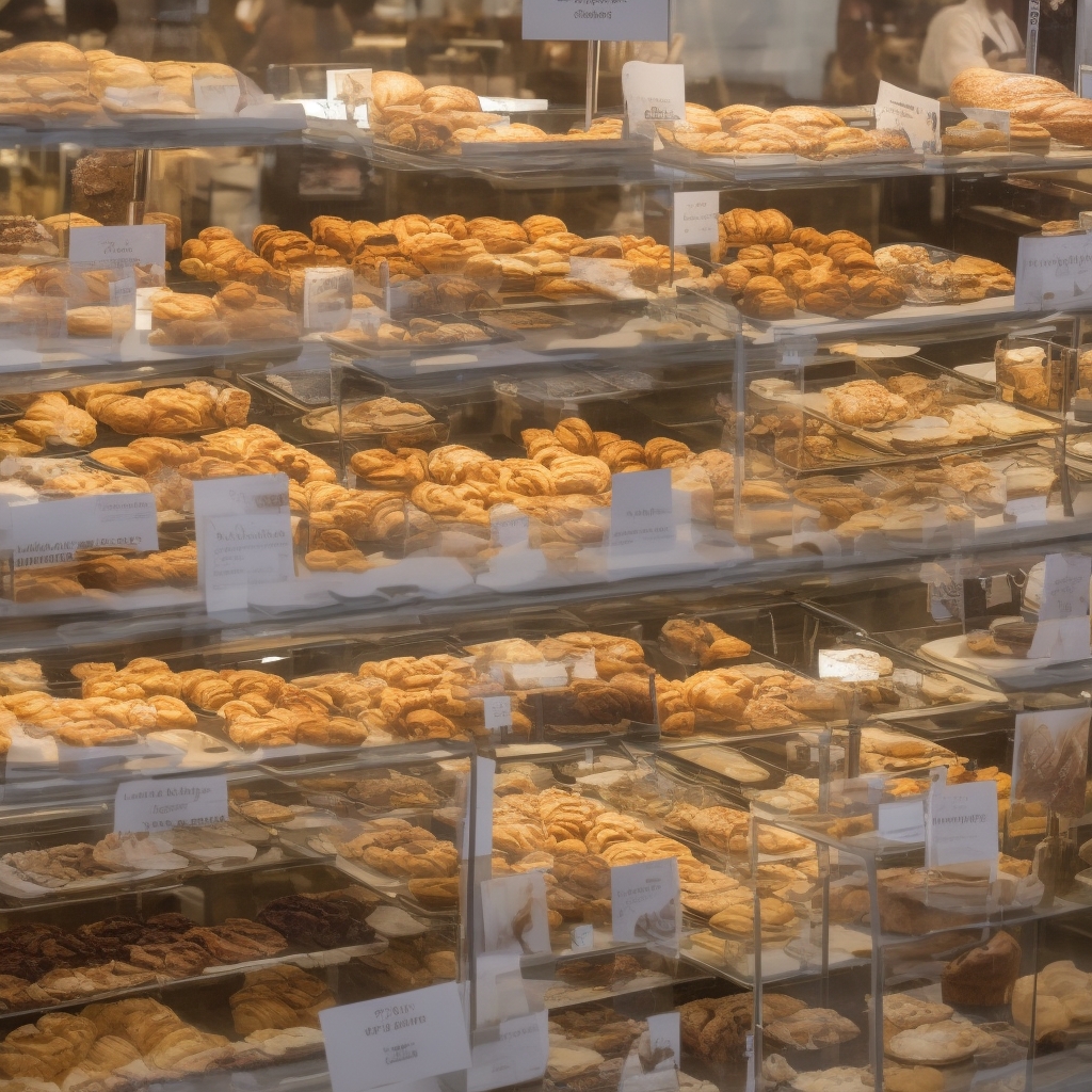 Artisanal pastries and baked goods displayed beautifully in a bakery case