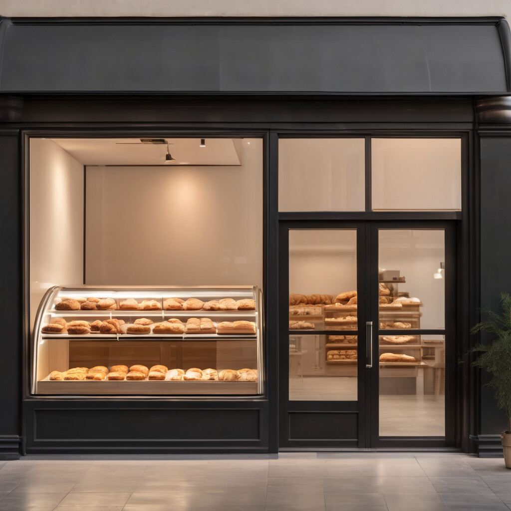 Professional bakery storefront with warm lighting and fresh pastries displayed in windows, modern minimalist interior