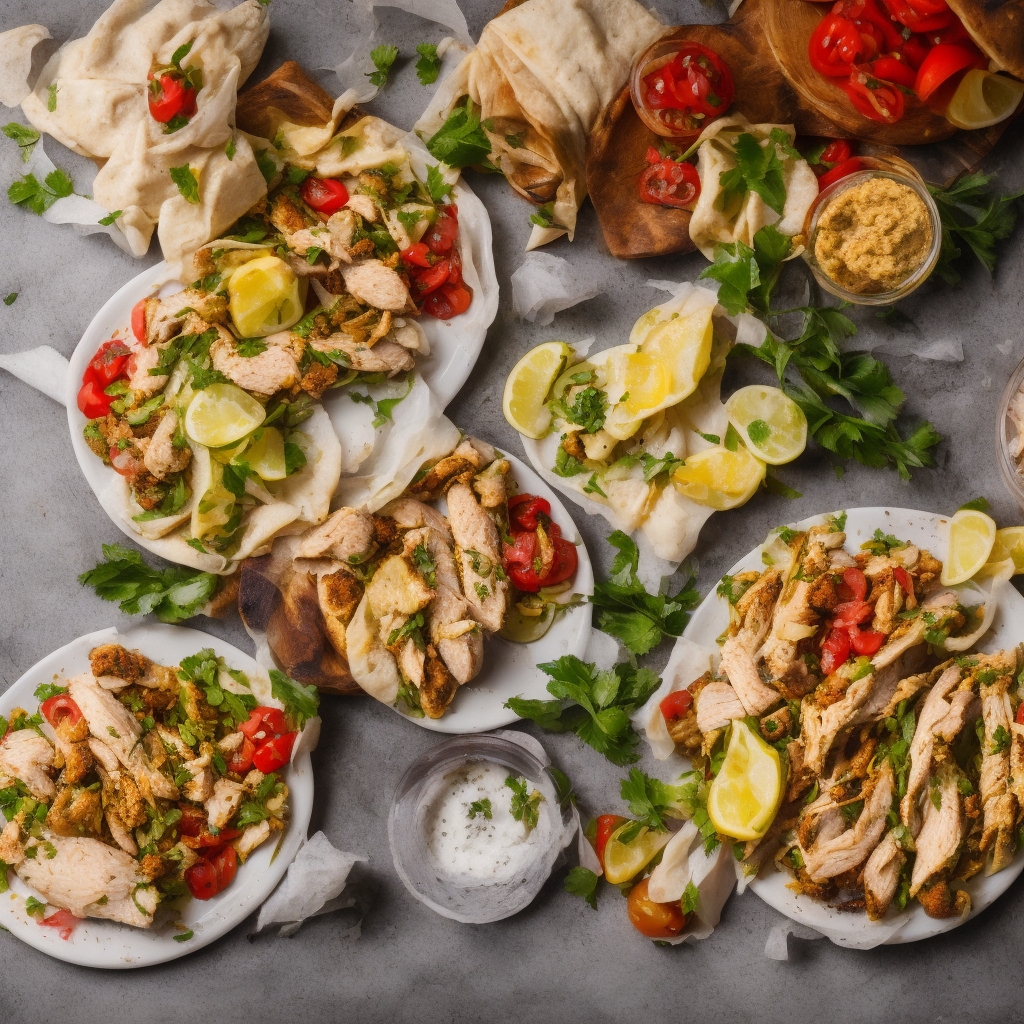 Freshly prepared chicken shawarma on a plate with Mediterranean garnishes and warm pita bread