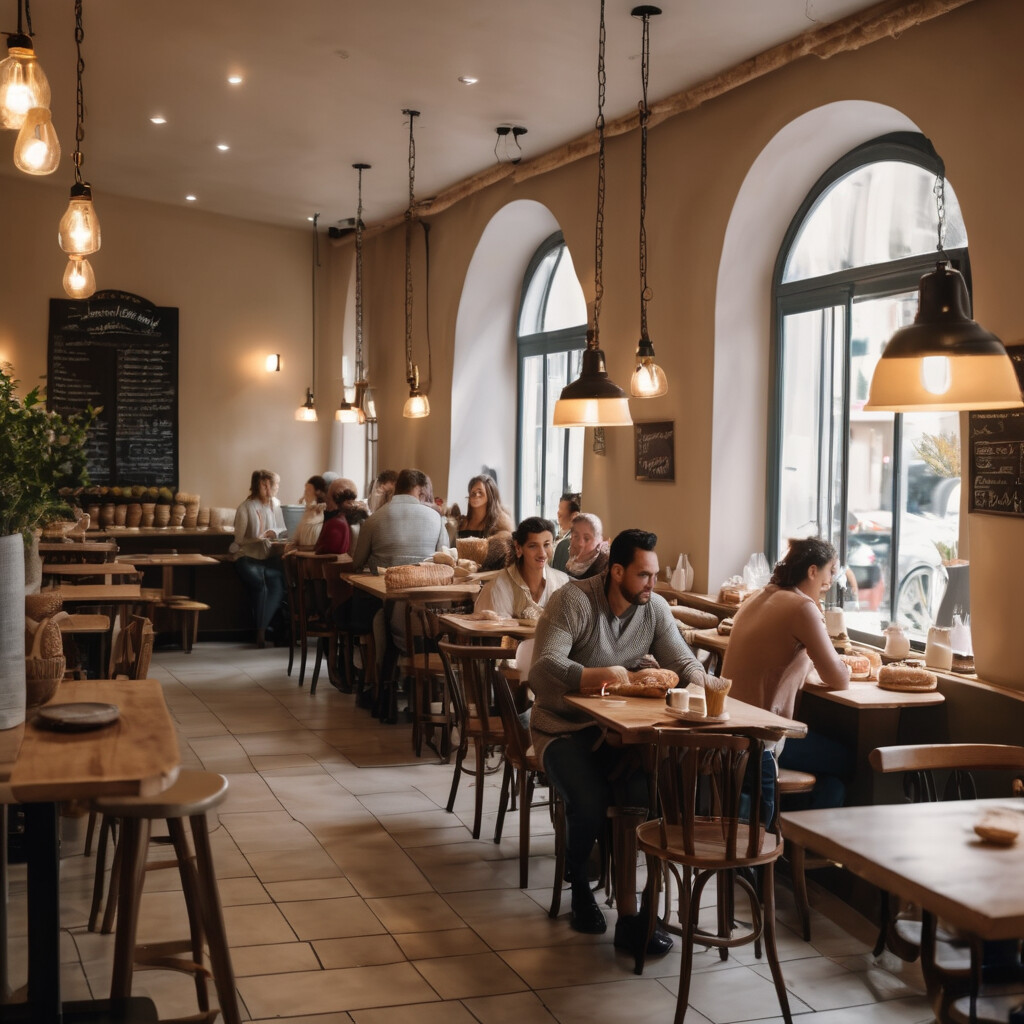 Bustling bakery café interior with customers enjoying lunch and comfortable seating with natural light from windows